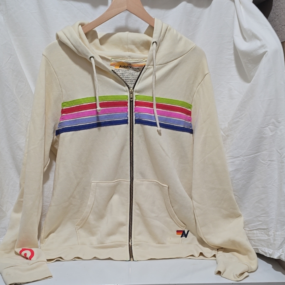 Aviator Nation Cream Hoodie with Multicolor Accents Size L Women's